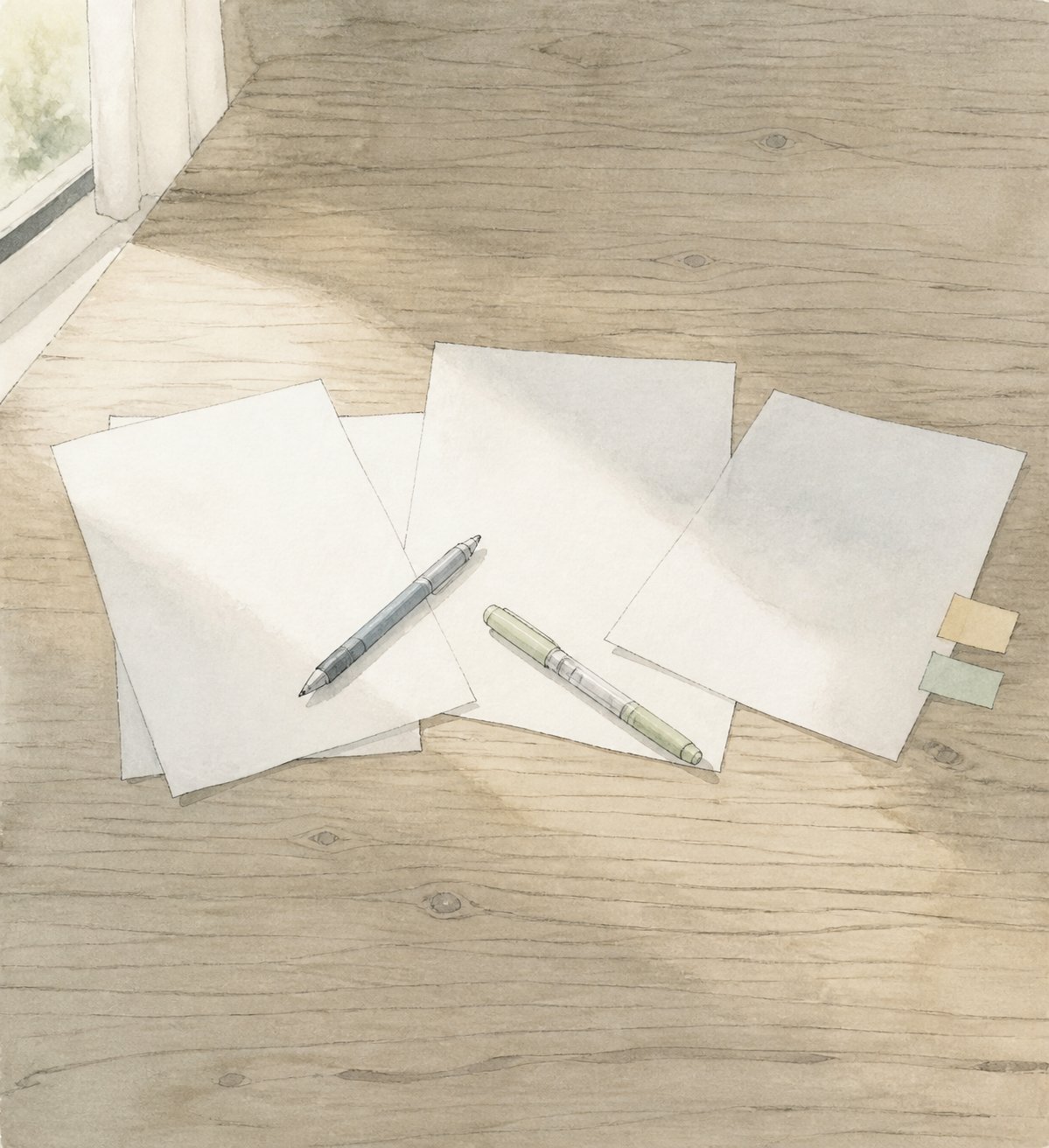 会議室の机に散らばる白紙の書類とペンの情景