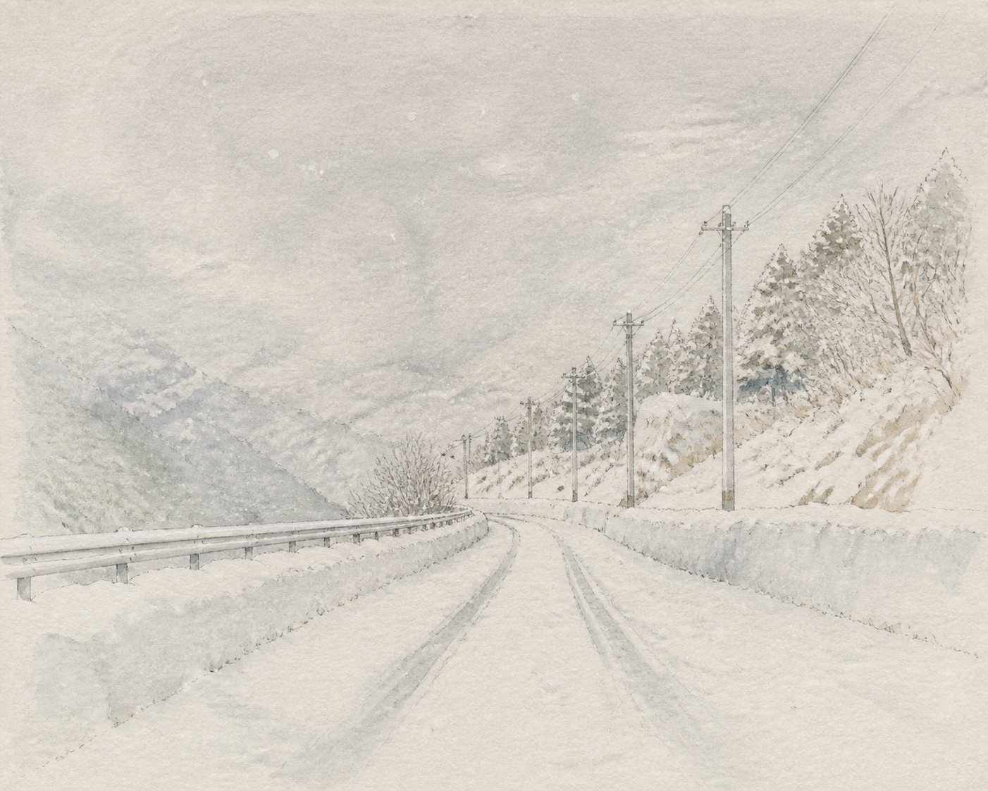 冬の県道の両側に積み上げられた雪の壁と圧雪の路面