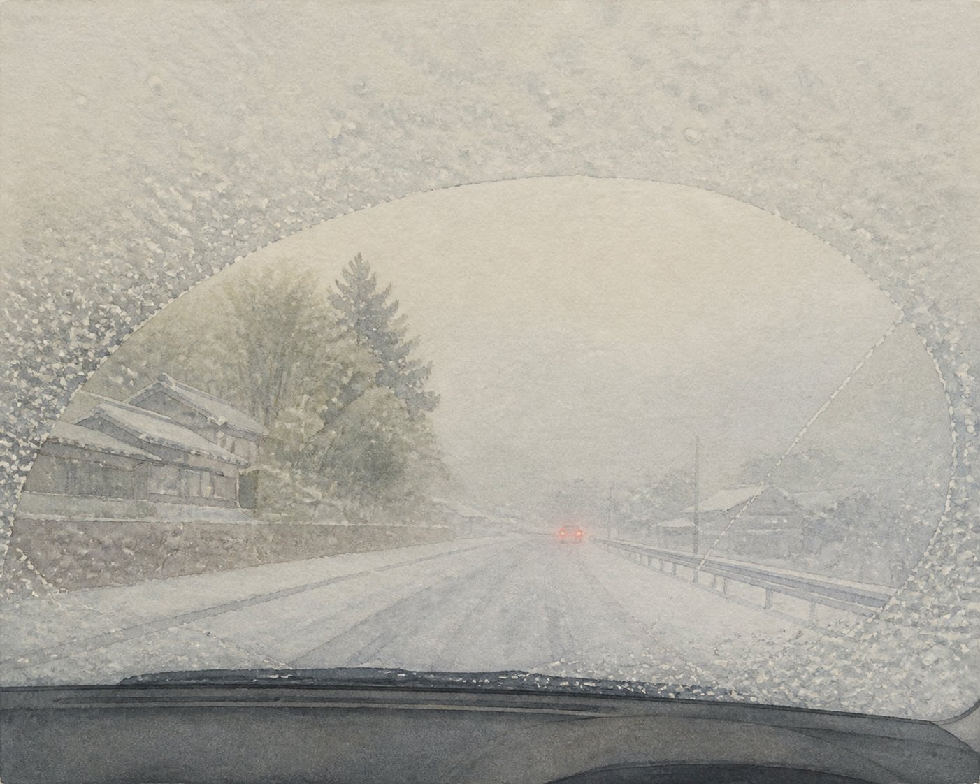 雪の降る夕方、車内から見た前方のにじんだテールランプ