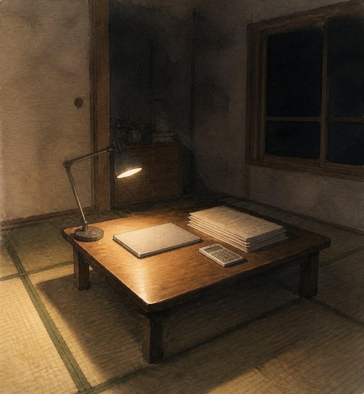 夜の畳の部屋の座卓にノートパソコンと書類の束