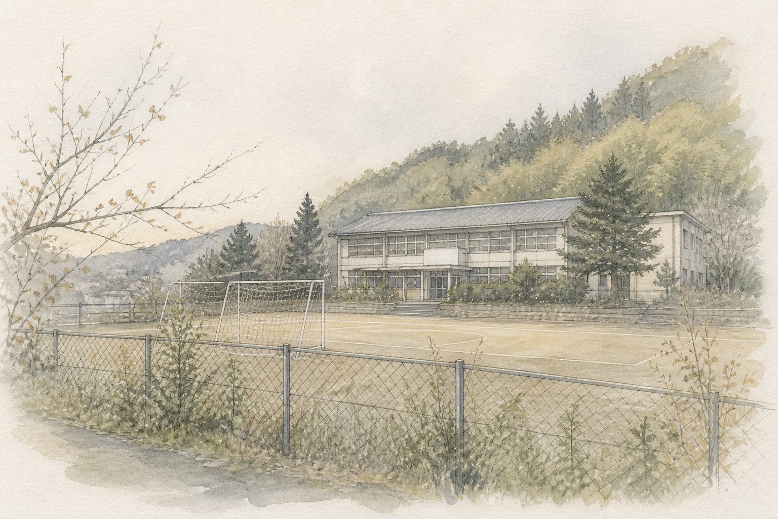 夕方の小学校の校庭とサッカーゴール
