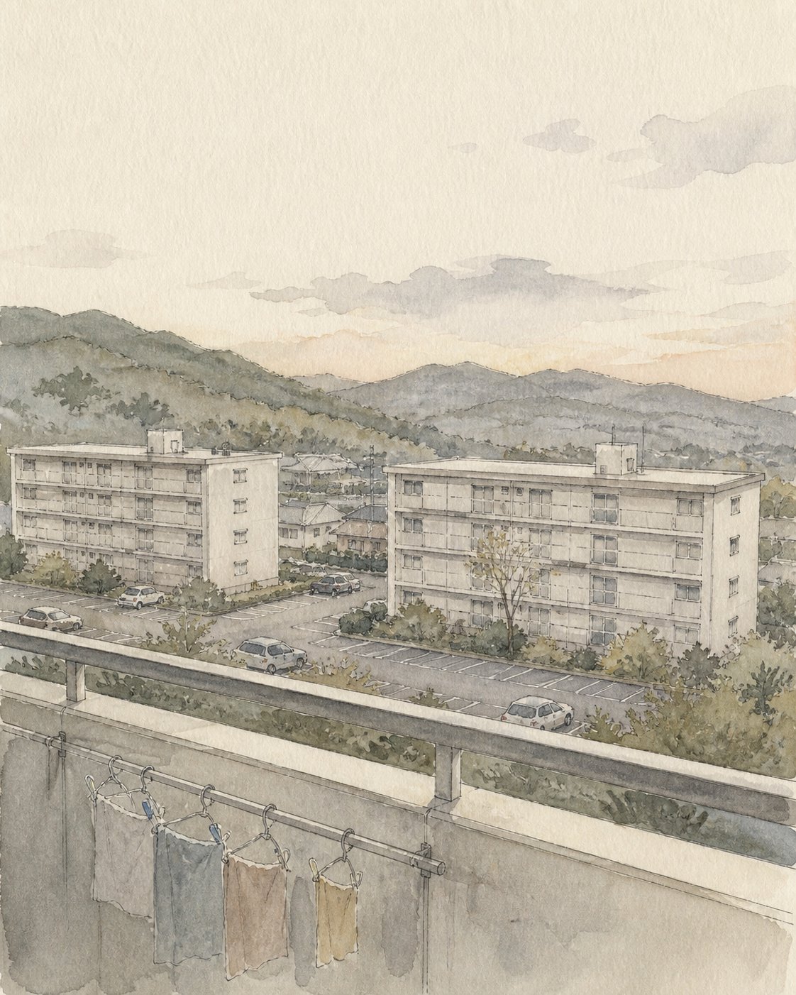 地方都市郊外の集合住宅のベランダから見た同じ形の建物の並び