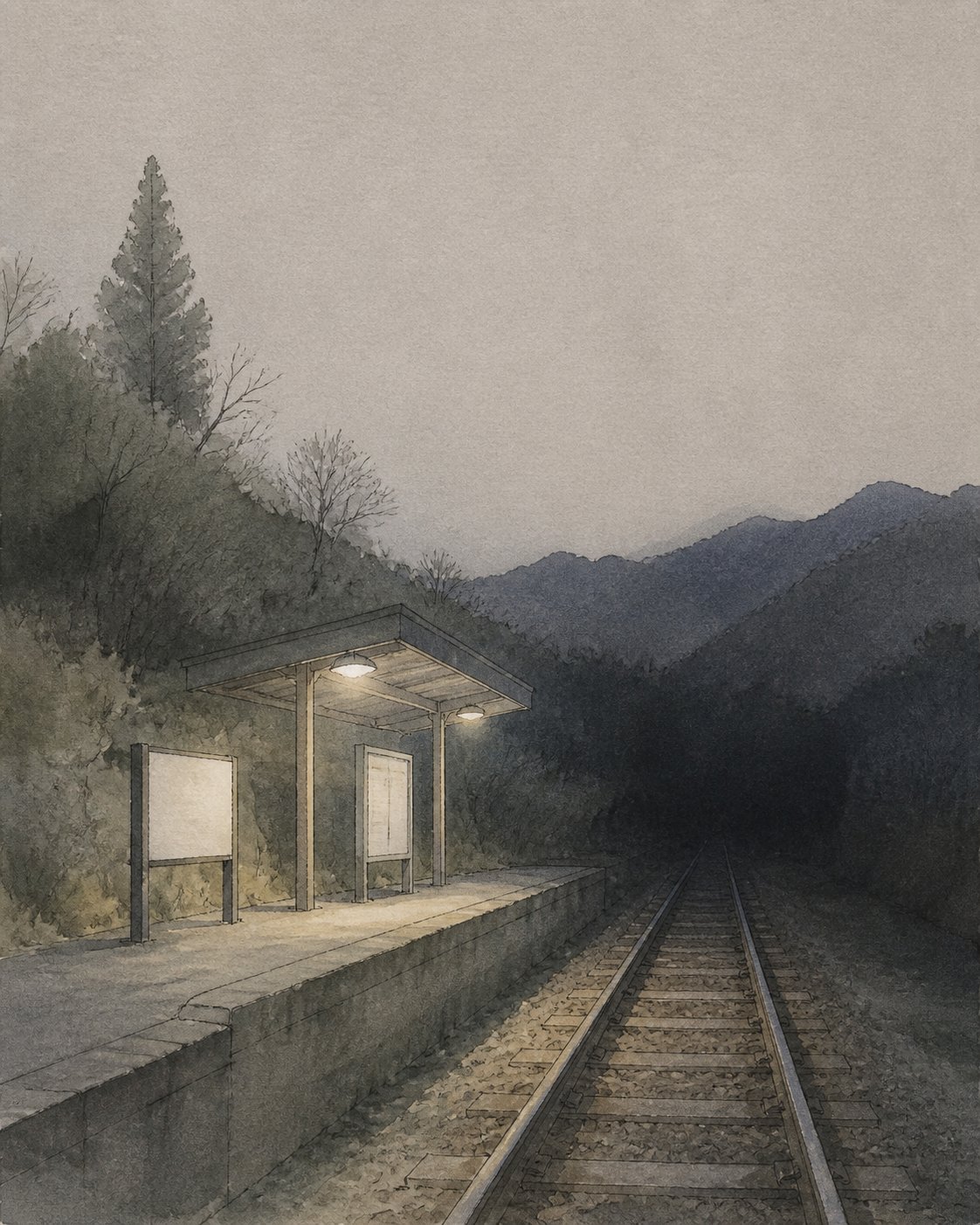 夜、無人の山あいの駅のホームと闇に消える線路